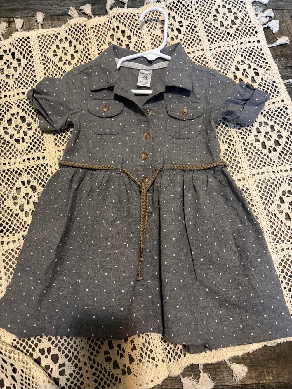 Children's Polka Dot Shirt Dress with Rope Belt - Gray 24 months carter’s